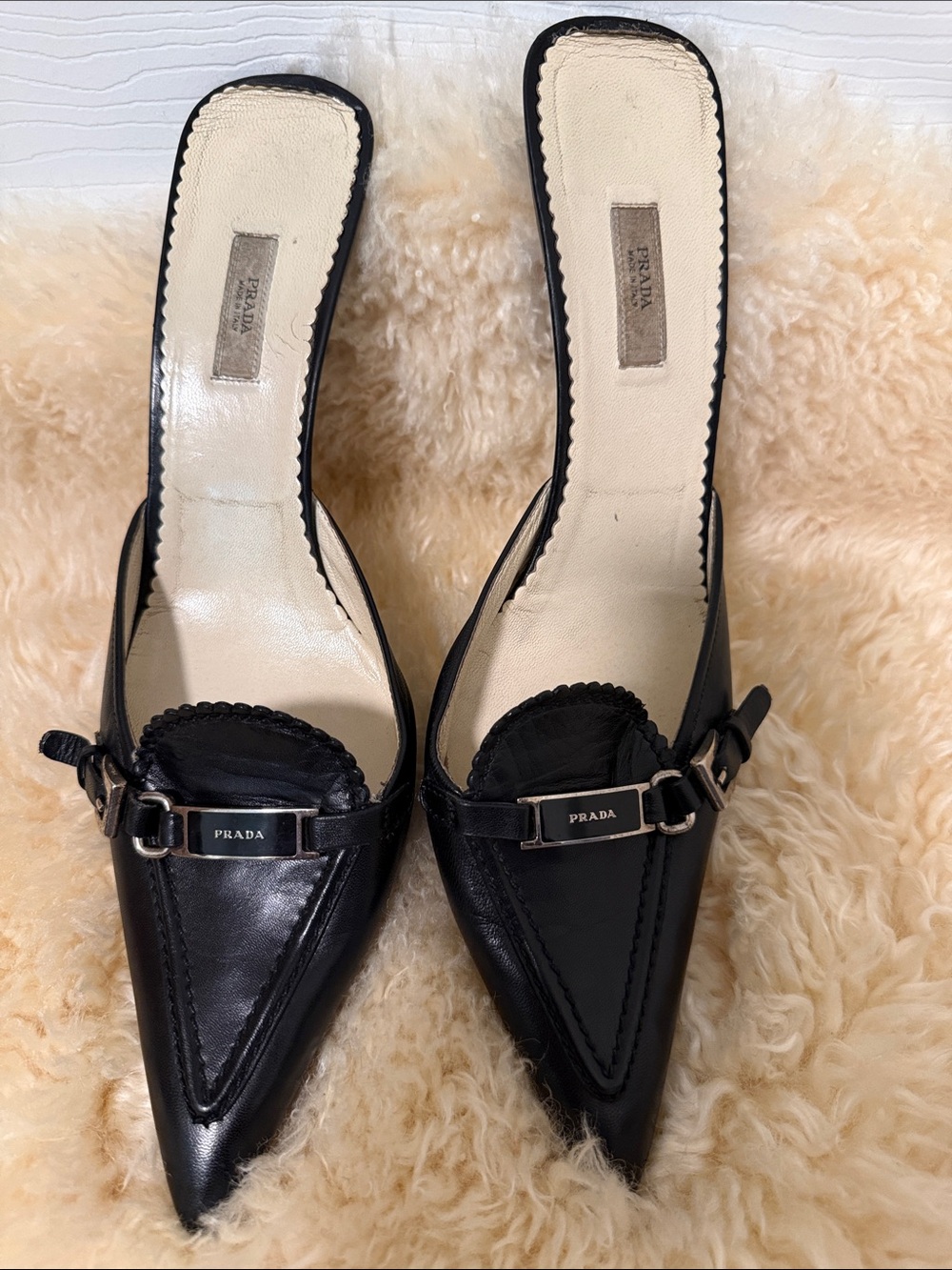 Vintage Prada Black Leather Pointed Mules with Metal Logo Plaque